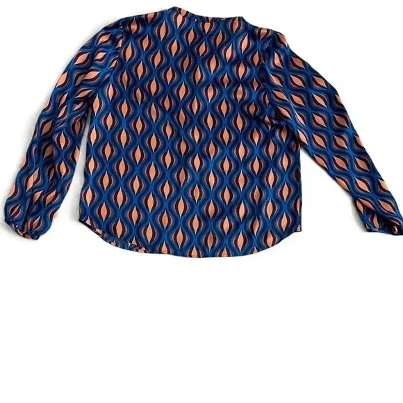 Gallery Navy Retro Style Long Sleeves Printed Pattern Blouse UK 14 - Picture 5 of 7